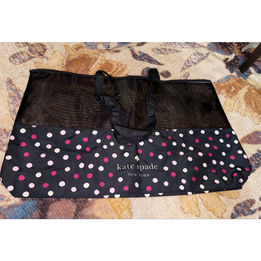 Kate Spade New York XL Black Pink & White Polka Dot Mesh Tote Bag - Picture 2 of 4
